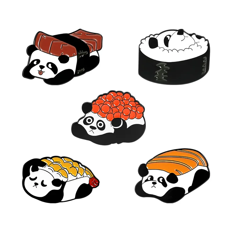 Panda Sushi Hard Enamel Pins Collect Bear Rice Roll Sashimi Barbecue Metal Cartoon Brooch Backpack Collar Lapel Badges
