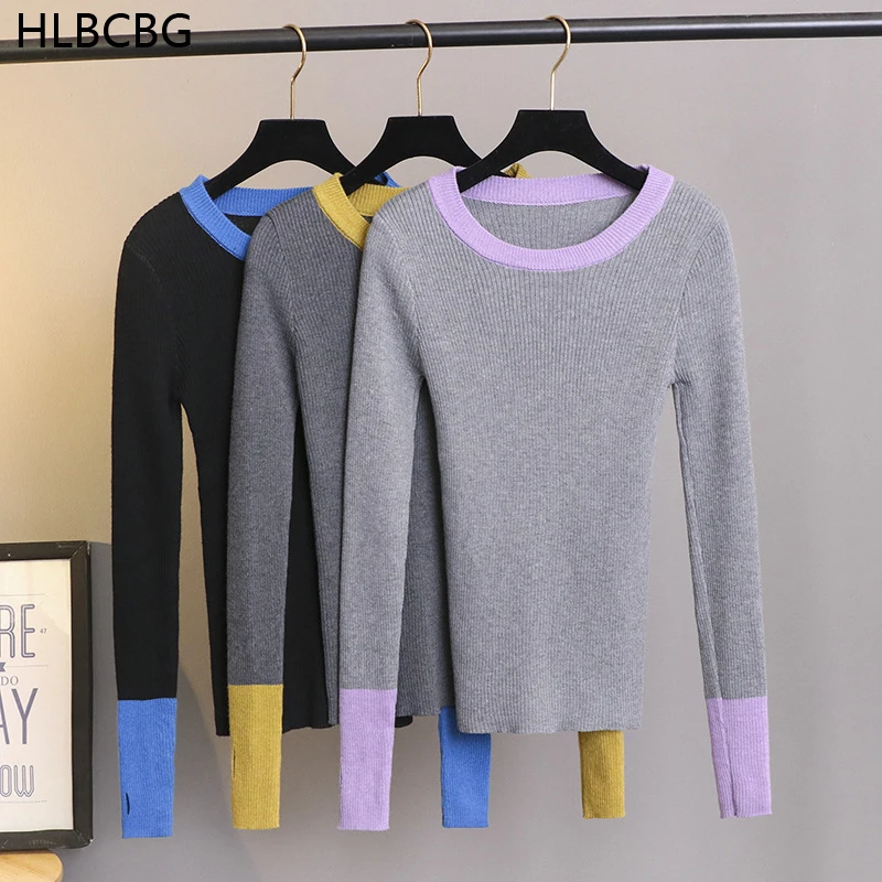 

HLBCBG 2021 Ladies Knitted Sweater With Thumb Hole Patwork Spring Autumn Women Basic Pullover Tops Soft Slim Fit Knitwear Female