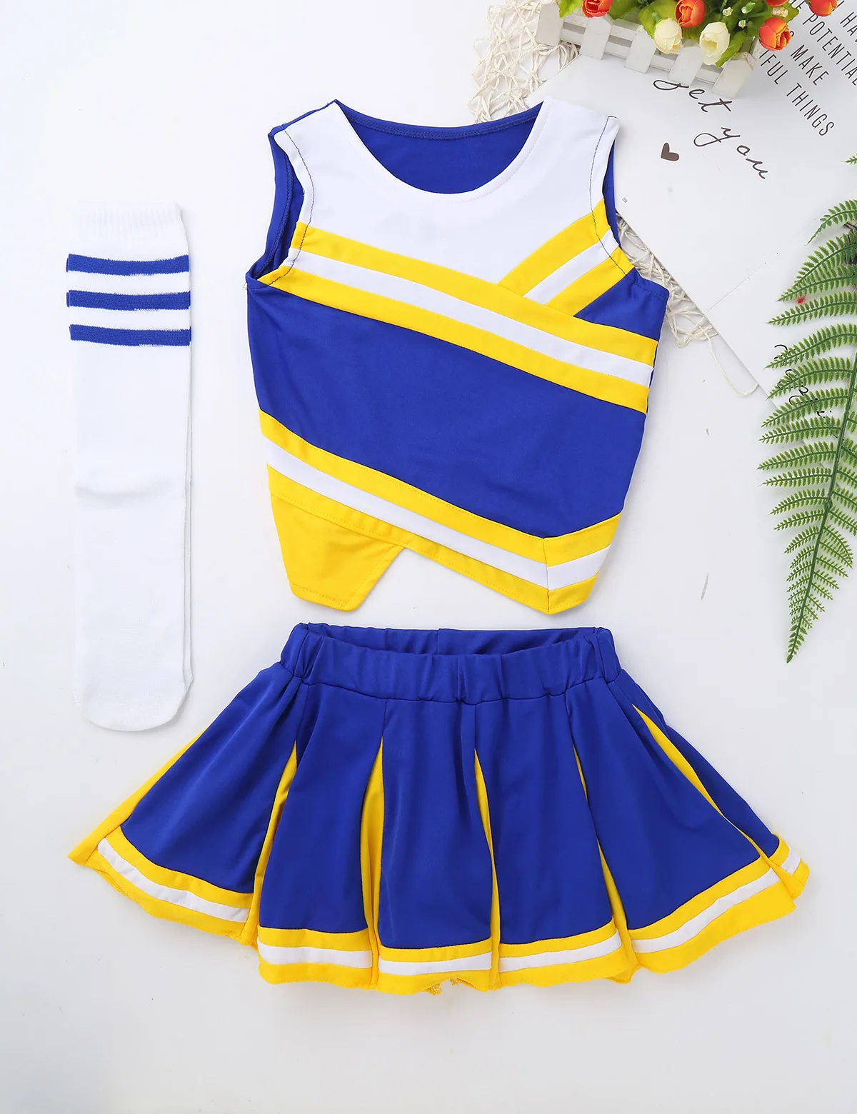 

Kids Girls Cheerleading Uniform Carnival Dance Clothing Fancy Dress Oufit Tops with Skirt Socks Set for School Stage Performance