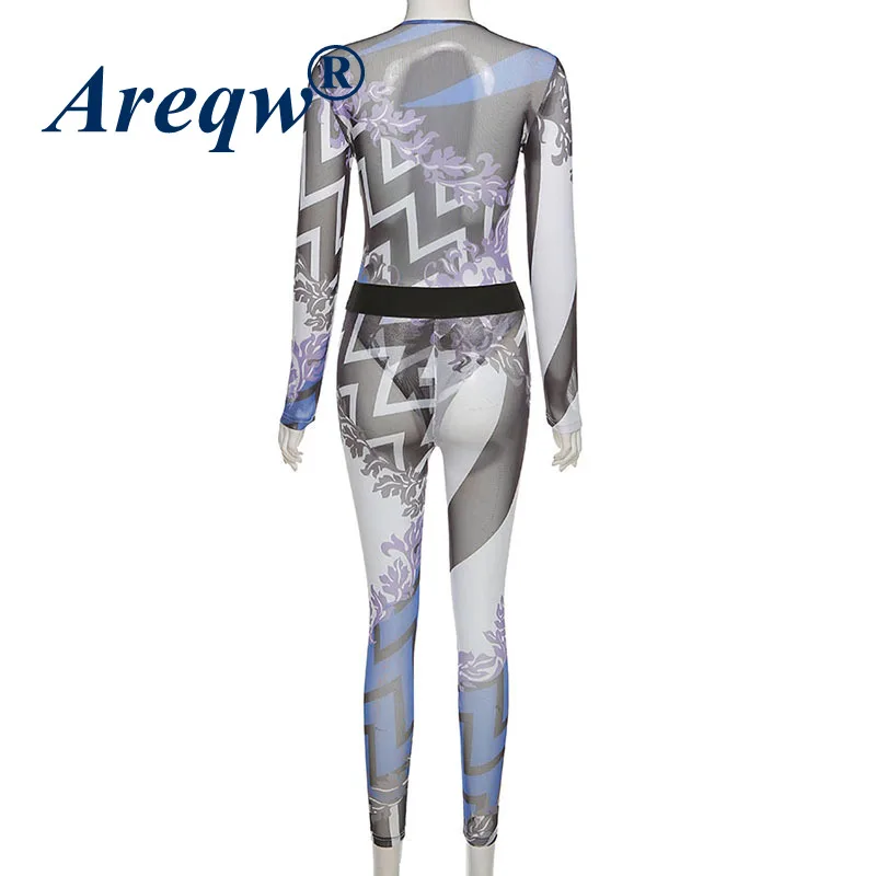 

2021 Summer Women's New Mesh Printing Hollow See-through One-piece Top and Trousers Suit