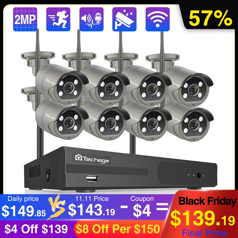 Беспроводная камера видеонаблюдения Techage 8 каналов 1080P 4 светодисветодиодный 2 МП