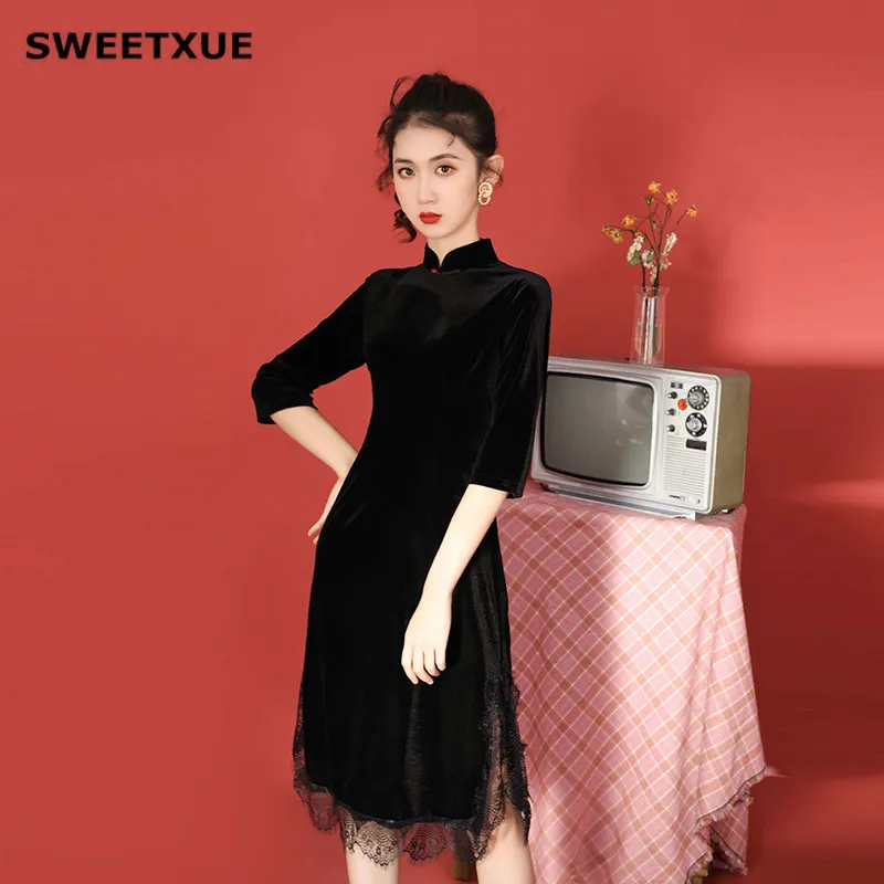 Осенне зимнее платье Ципао для девочек SWEETXUE золотистые бархатные кружевные