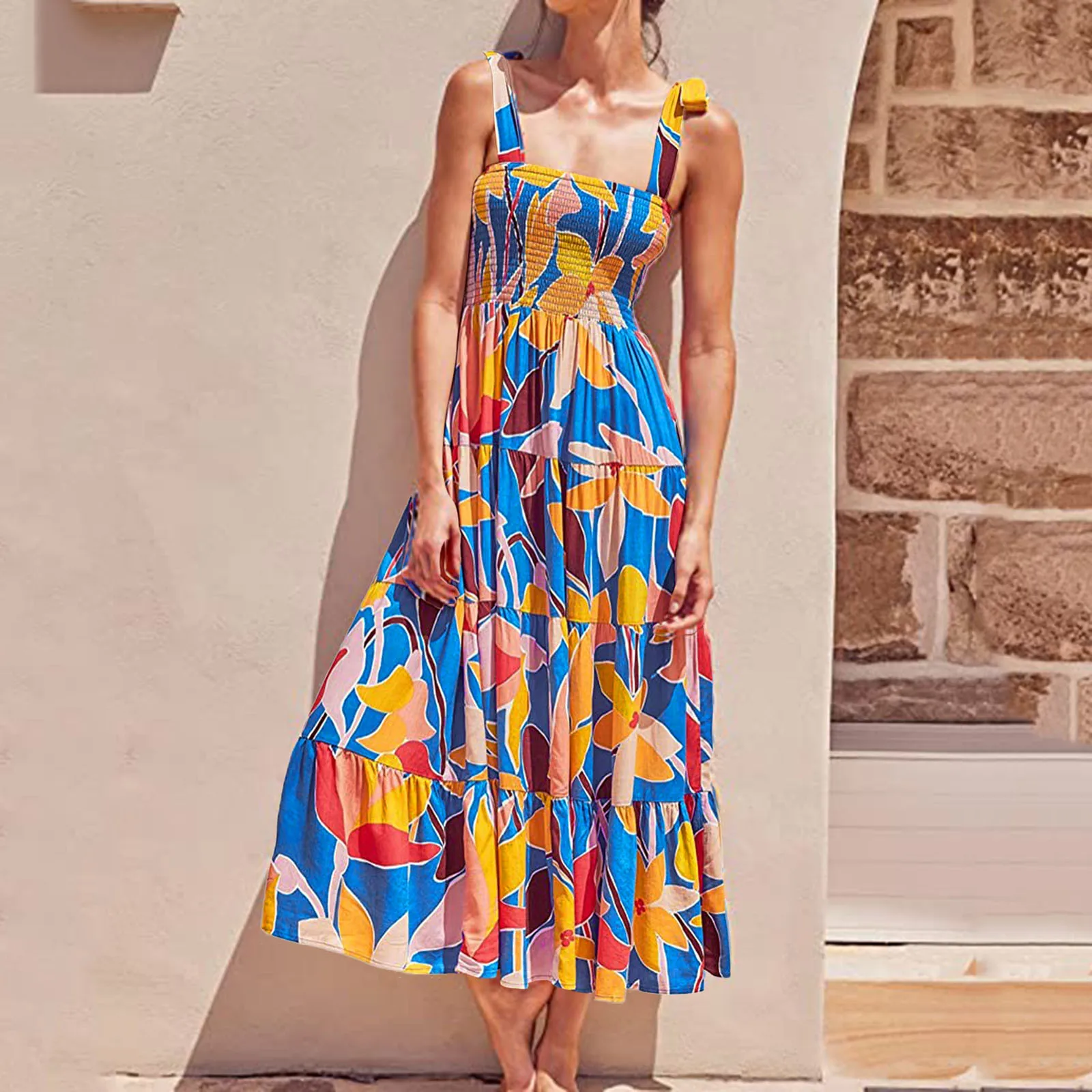 

Sexy Floral Print Dress Women Summer Maxi Beach Sundress Off Backless Square Collar Dress Boho Long Dresses Vestidos Femme 4