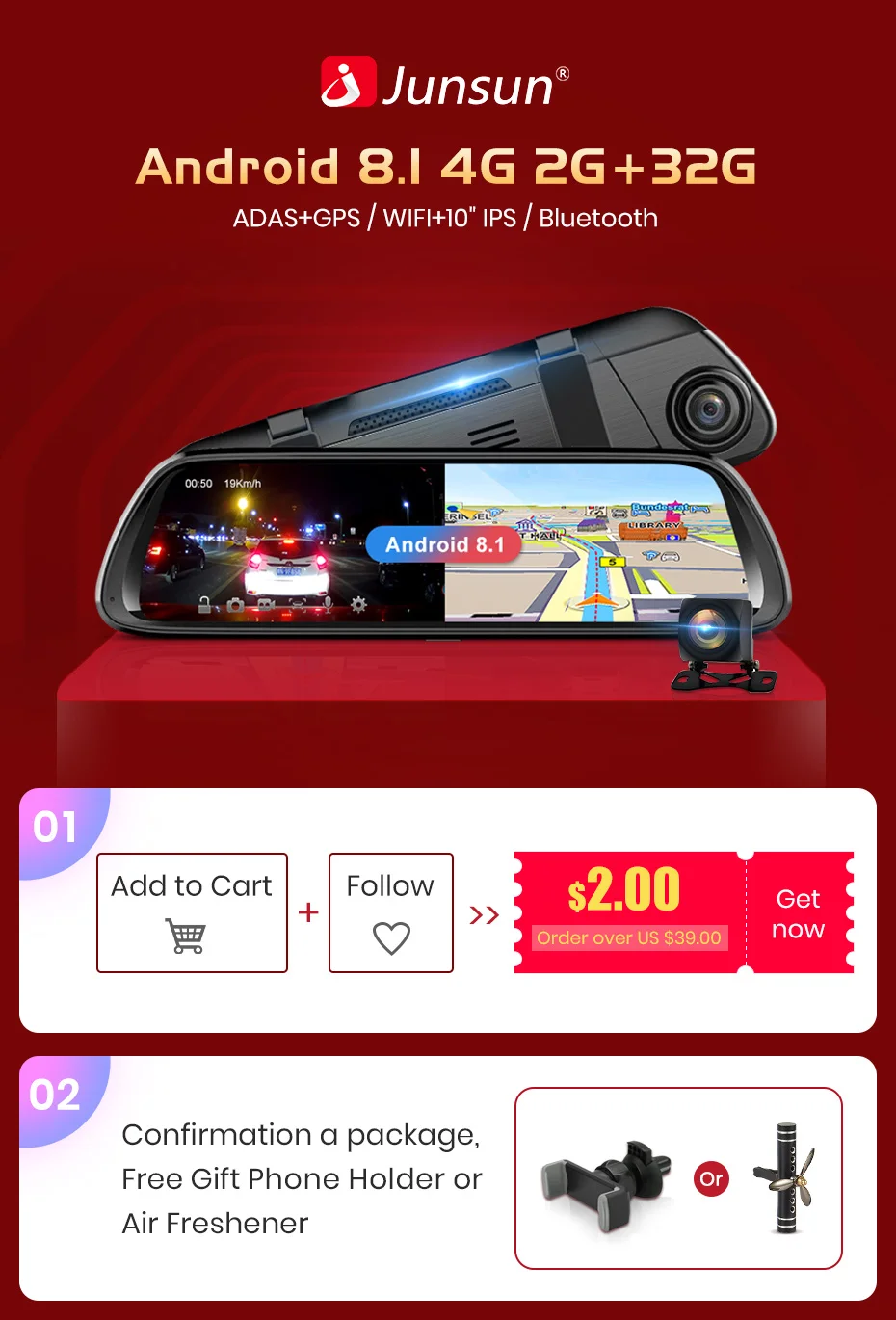 Junsun A960 Android 8,1 ADAS 2G+ 32G 1" СТРИМ медиа dash cam камера Автомобильная камера рекордер dvr dashcam gps навигация 1080P wifi