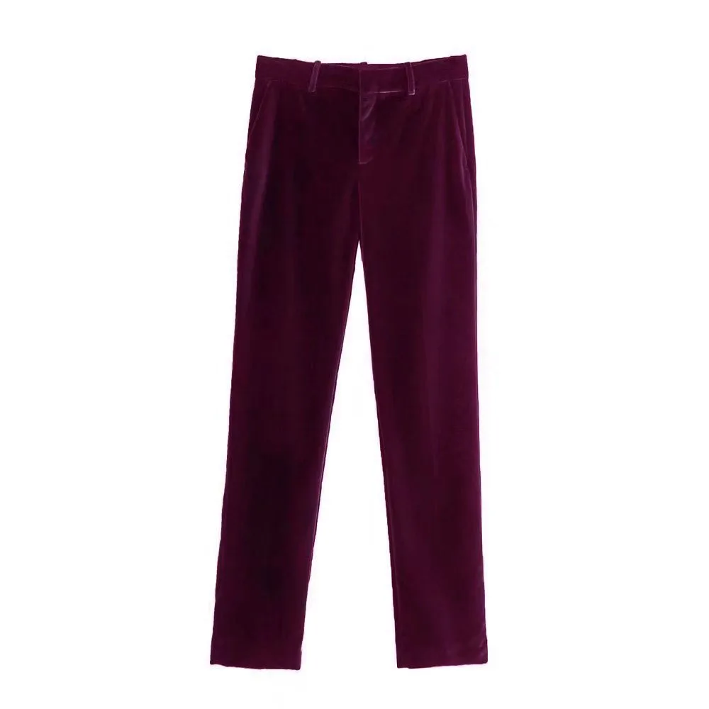

Women 2021 New Fashion Side Pockets Velvet Straight Pants Vintage High Waist Zipper Fly Female Trousers Mujer