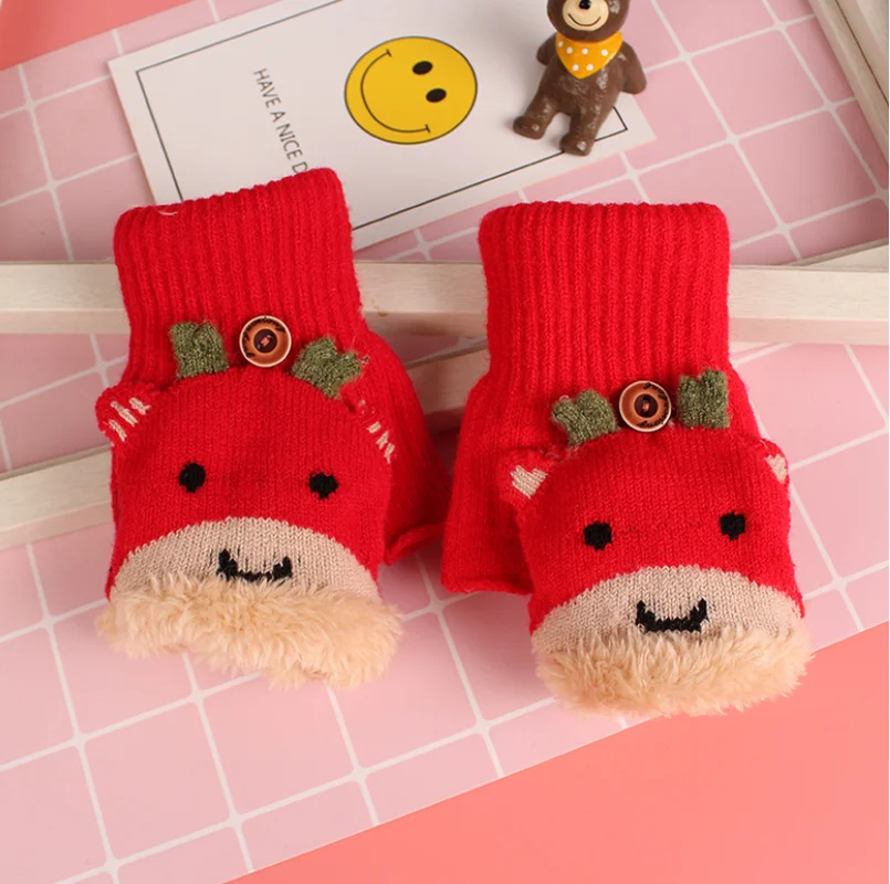 

Childrens Winter Half-finger Gloves Cute Cartoon Thickened Plus Velvet Warmth Student Clamshell Knitted Gloves
