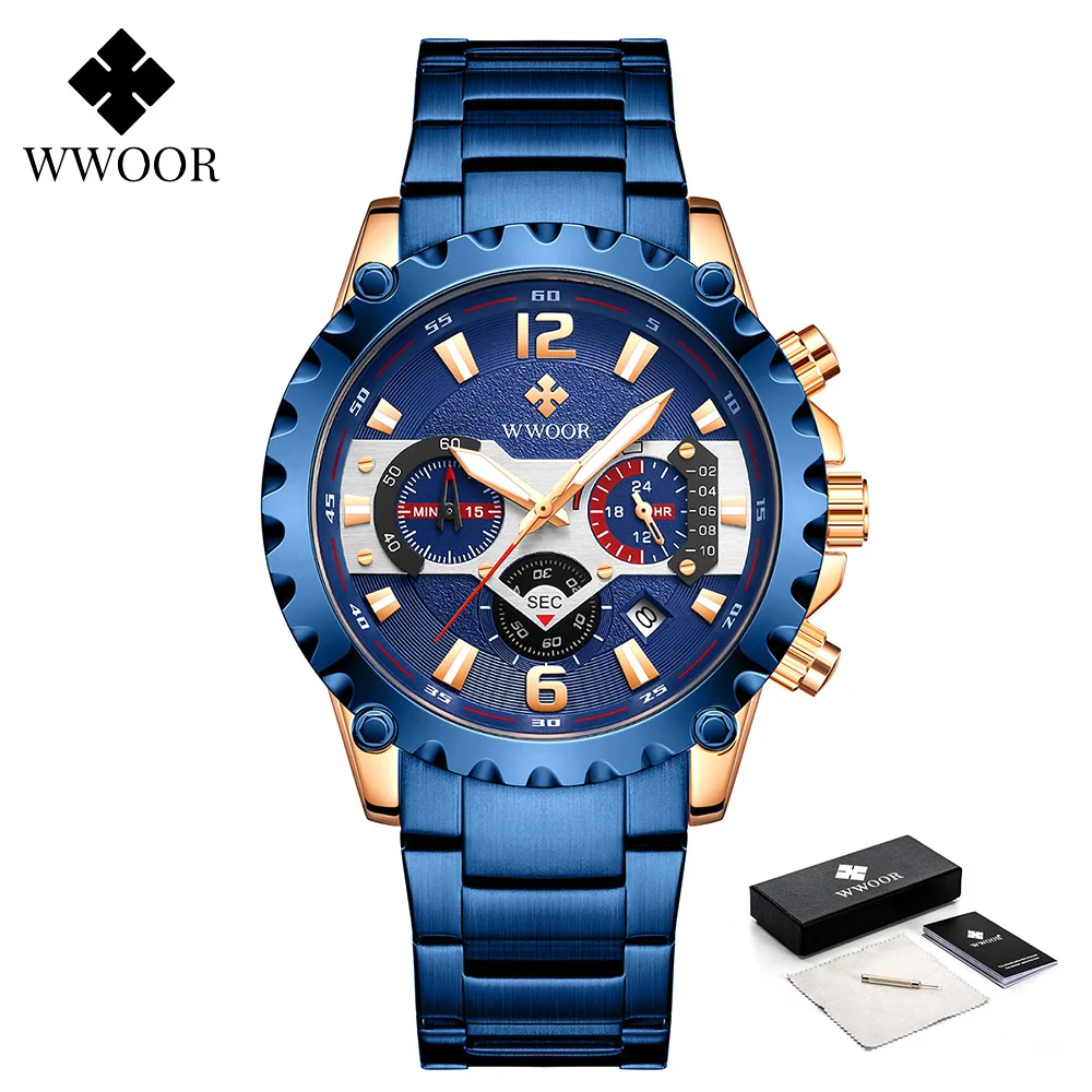 

Blue Full Steel Watches Mens 2021 Top Brand Luminous Waterproof Sport Chronograph Watch For Man Quartz Military Wristwatch