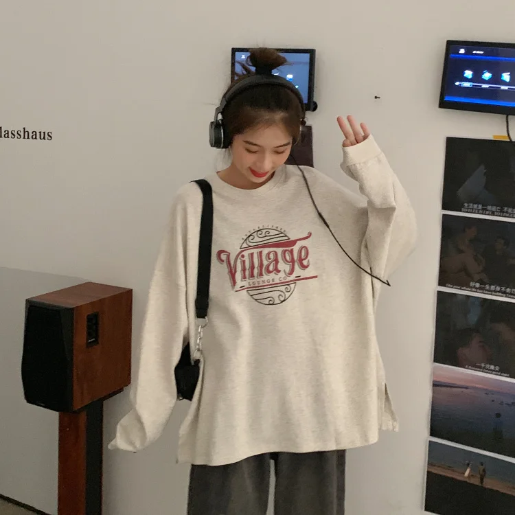 

YTX126 2021 new Korean letters loose round neck pullover blouse mid-length black long-sleeved Sweatshirts