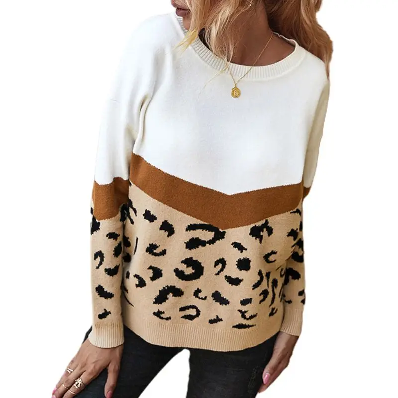 

Women Autumn Winter Leopard Knitted Sweater Casual Long Sleeve Pullover Tunic F42F