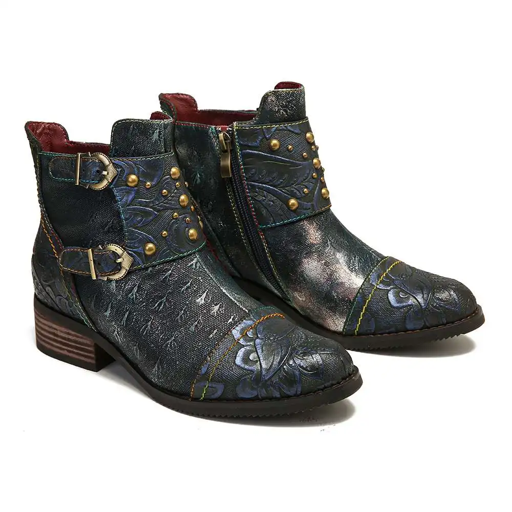 SOCOFY/ботинки с тиснением; Zapatos De Mujer; обувь из натуральной кожи с заклепками и пряжкой на молнии; красивые женские ботильоны