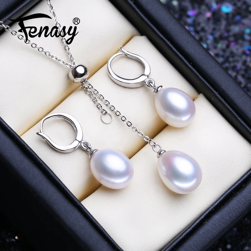 

FENASY 925 Sterling Silver Jewelry Sets Natural Pearl Drop Earrings Custom Drop Pendant Chain Choker Necklaces For Women