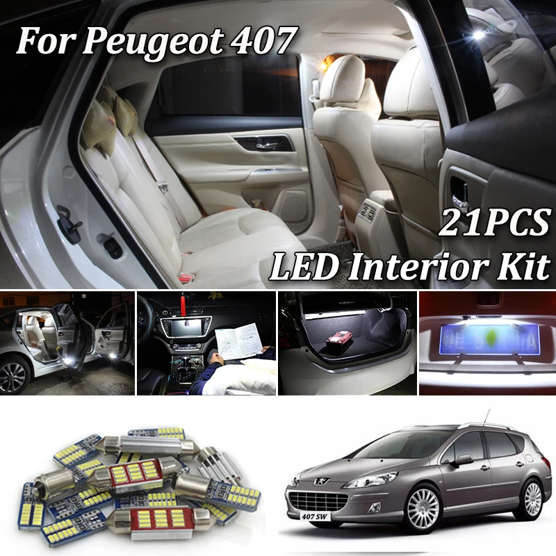 

21 шт. белые светодиодные с Canbus интерьерный светильник Набор для Peugeot 407 SW LED Карта Купол багажник зеркала номерной знак свет светильник s (...