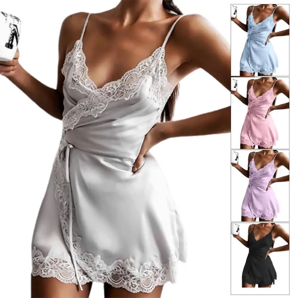 

Пижама сатиновая, без раздражения, однотонная, с завязками на талии, для сна, кружевная, пижама, свободная блузка