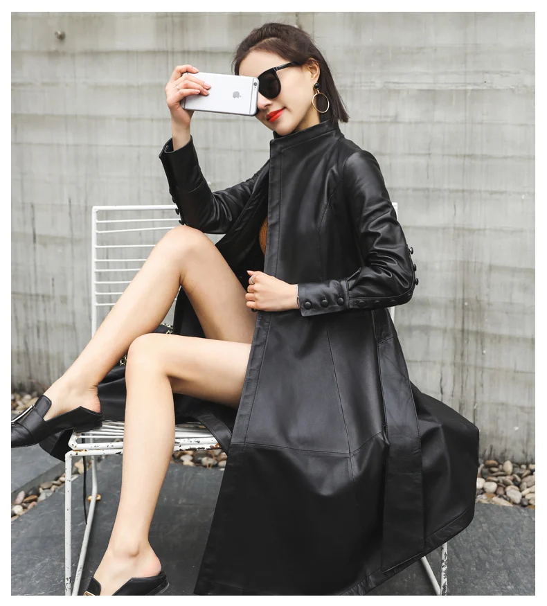 Женская Осенняя куртка из натуральной овечьей кожи длинный тонкий пояс Тренч