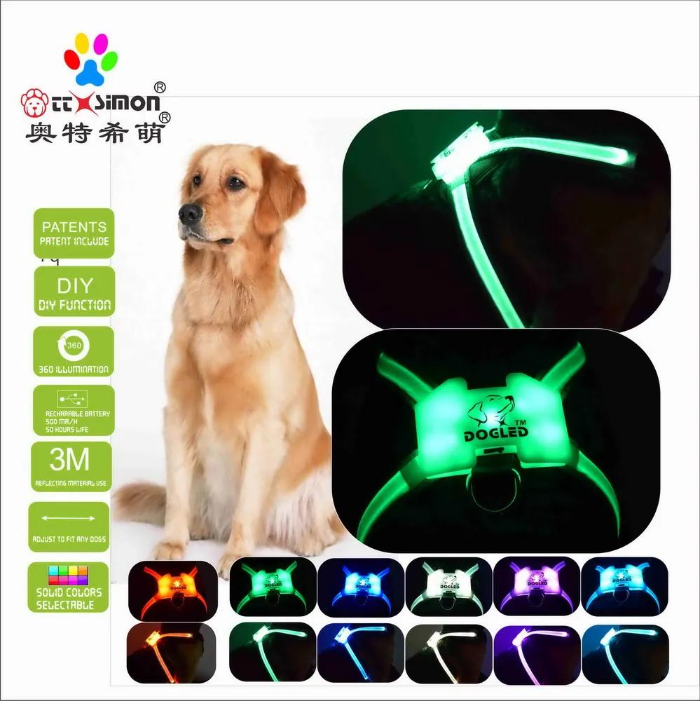 

CC Simon dogled harness dog leash Glowing USB Led Collar Puppy Lead Pets Vest 2021