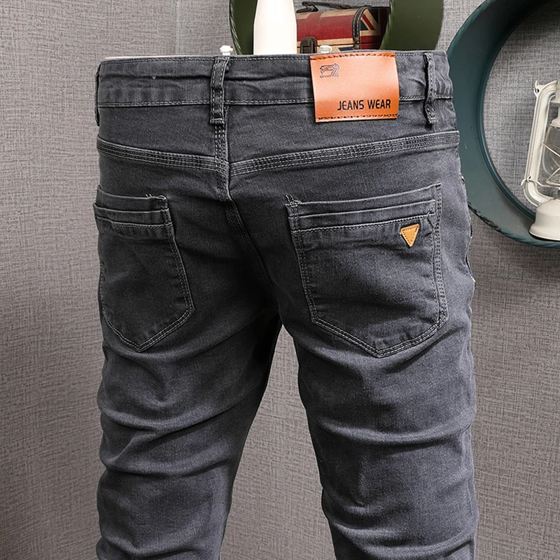 Newly Designer Fashion Men Jeans Retro Dark Gray Slim Fit Elastic Casual Denim Pencil Pants Korean Style Streetwear Trousers