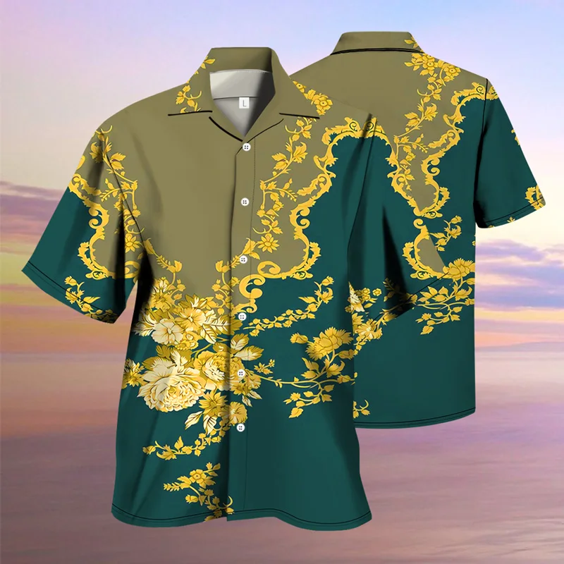 

2021 New Men's Shirt Summer 3D Plant Flower Print Stand-Up Collar Loose Large Size Short-Sleeved Shirt Men's Casual Shirt S-4XL