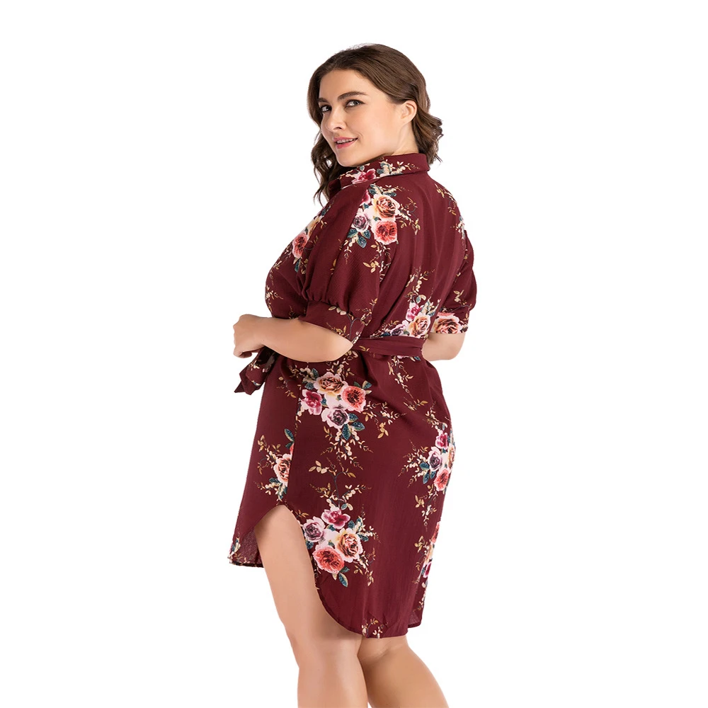 Платье миди женское с цветочным принтом отложным воротником и поясом|Женские
