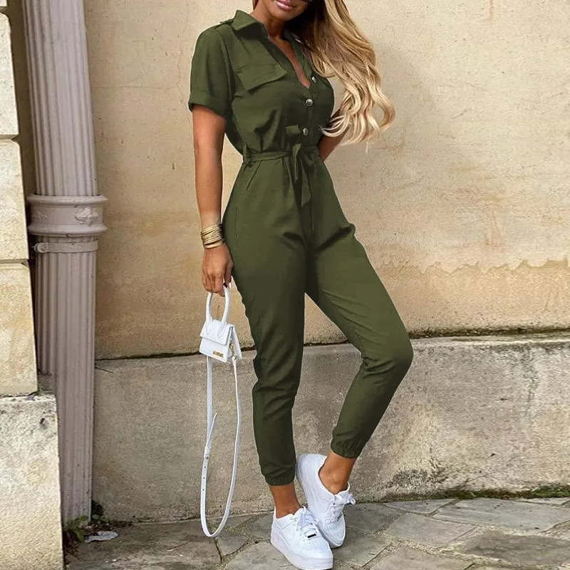 

2020 New Fashion Chic Casual Slim Fit Overalls Womens Short Sleeve Casual Pockets Lace Up Solid Jumpsuit