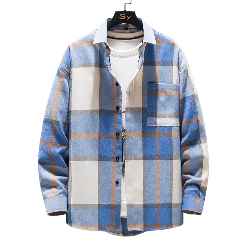 

Loldeal Men New Style Long-sleeved Shirt Fashion Sanding Plaid Pocket Decoration Slim Fit