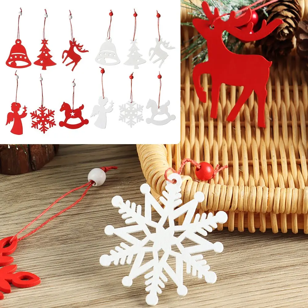 

6Pcs White & Red Home Decor DIY Gifts Elk Pendant Xmas Hanging Wooden Ornaments Snowflake Christmas Tree Decoration