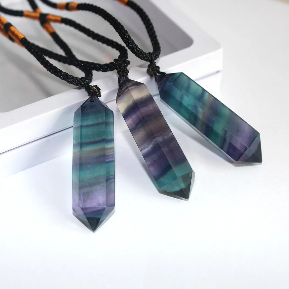 

1PC Natural Rainbow Fluorite Crystal Necklace Hexagonal Prism Magic Wand Pendant Striped Energy Stone Point Gift Female