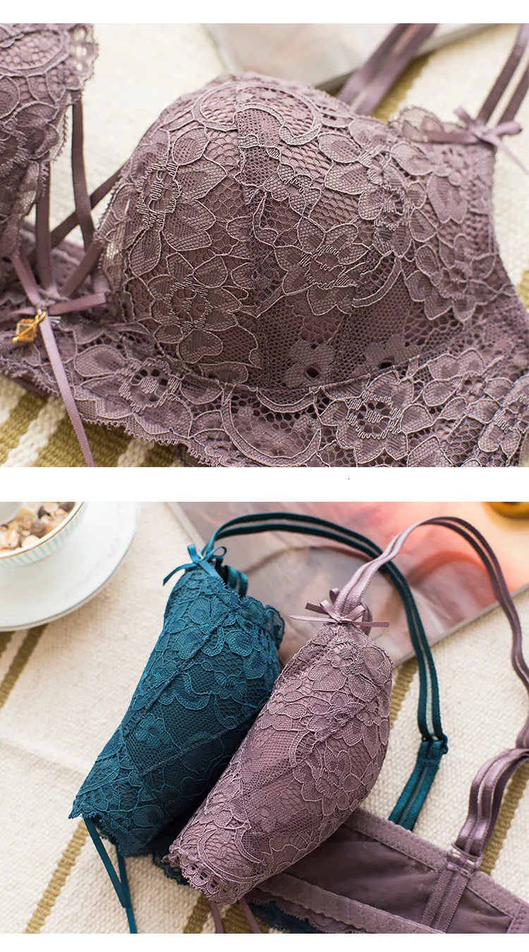 Roseheart Women Red Green Lace Trim Cross Straps Bralette Cotton Panties Push Up Bra Sets Underwear Sexy Lingerie Sets A B