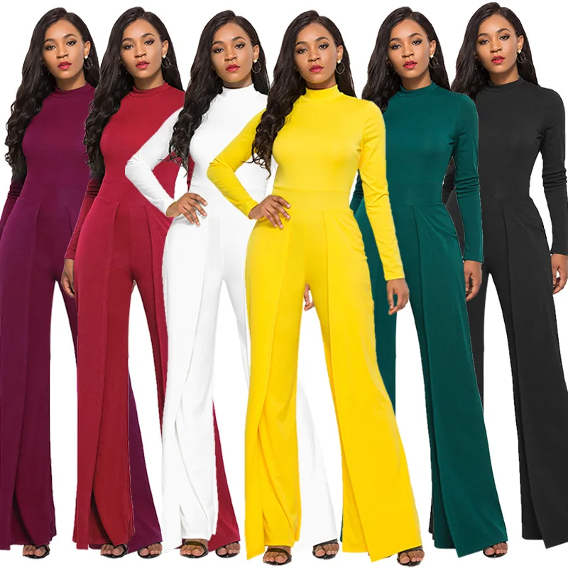 

Women's Sexy Fashion Round Neck Long Sleeve Wide Leg Jumpsuit Soild Color Bodycone Overalls Romper