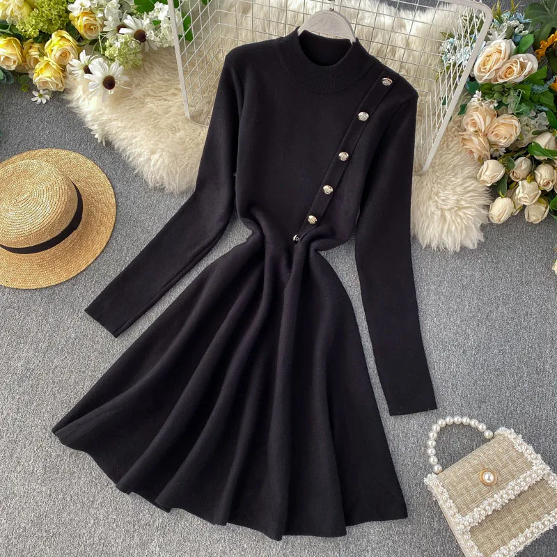 

Spring Autumn Shiny Button Single Breasted Elegant Soft Warm Women Female Lady Dress