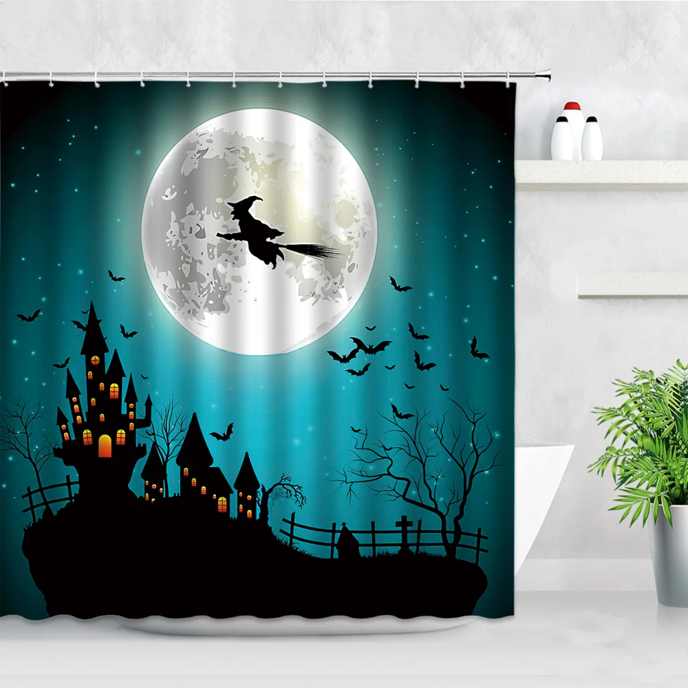 

Halloween Shower Curtain Horror Witch Skull Skeleton Pumpkin Day of the Dead Decor Waterproof Polyester Bathroom Curtains Hooks