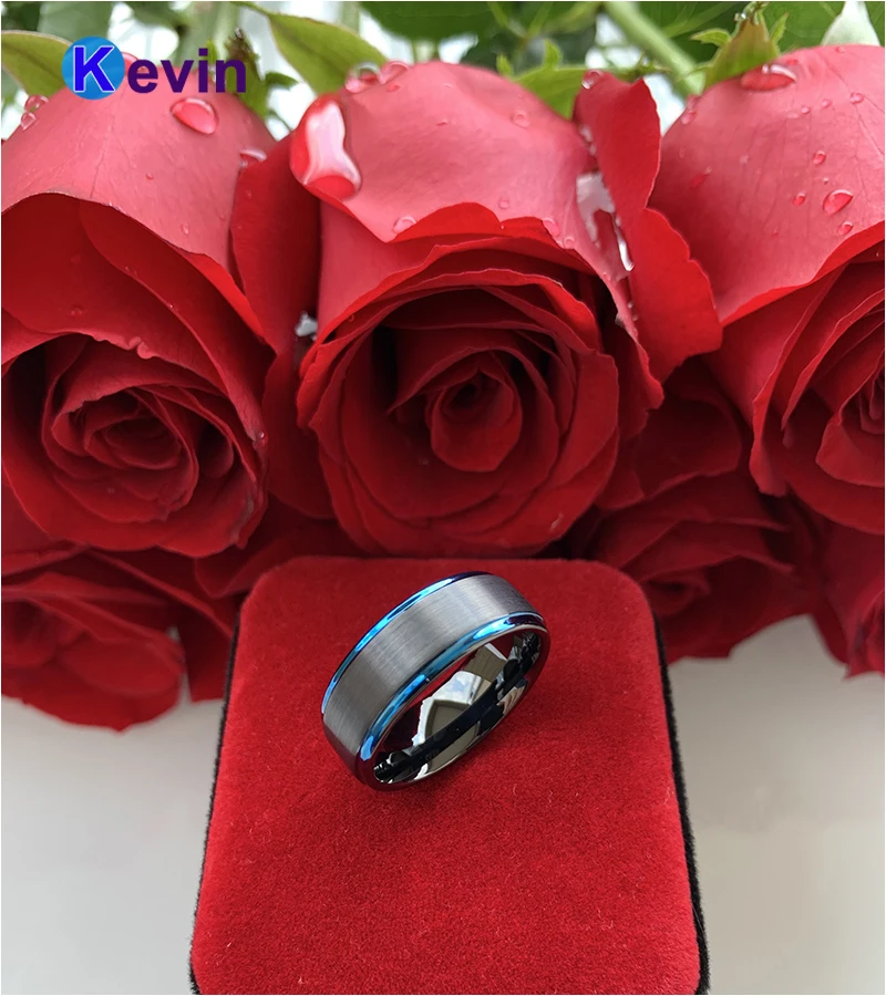 Мужские черные вольфрамовые кольца обручальные для женщин с синими ступенчатыми