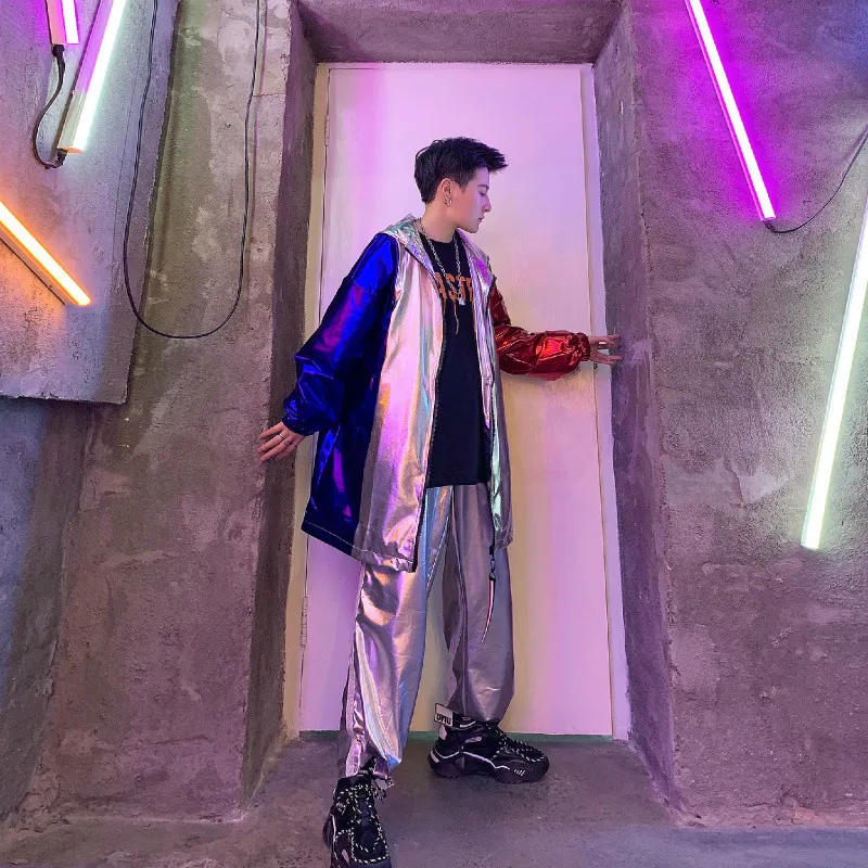 

Trendy Men's Stitching Bright Color Handsome Hip-hop Jacket Men Coat Loose Casual Party Performance In The Long Section Clothing