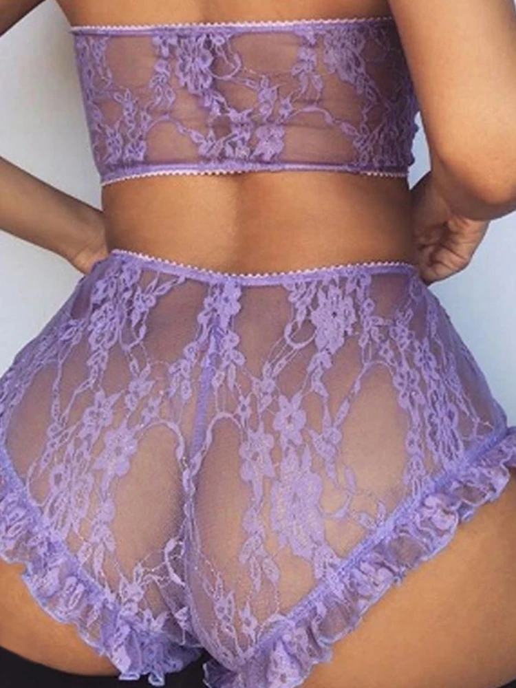 2 PCS Lady See-through Sexy Lingerie Set Solid Color Lace Bra Top Perspective Lace Underpants Sexy Nightwear Lingerie