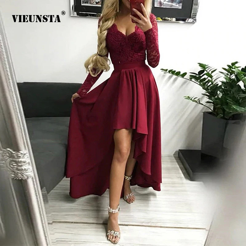 

VIEUNSTA Sexy Lace V-Neck Wrapped Chest Long Sleeve Dresses Solid Color Slim Irregular Dress Elegant Cocktail Prom Mermaid Dress