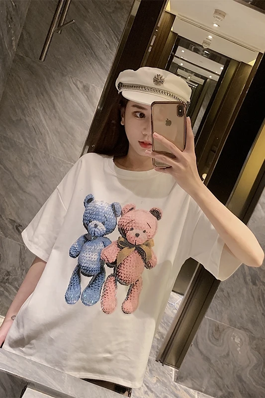 

The new women's summer 2021 high quality white short-sleeved diamonds bear modal in long loose t-shirts