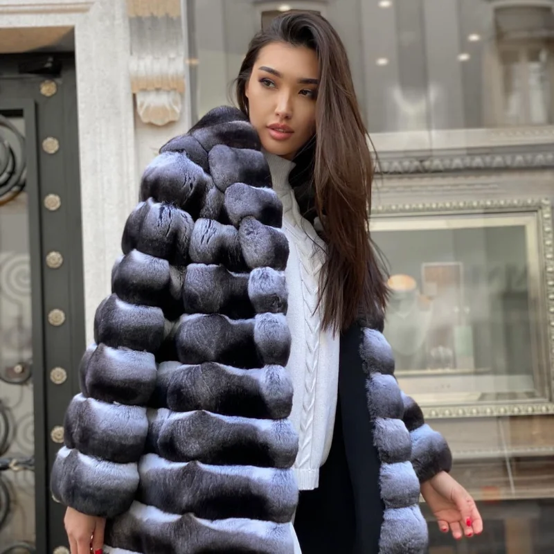 FURSARCAR 2021 High Quality Real Rex Rabbit Fur Fashion Natural Fur Medium Imitate Chinchilla Fur Coat Thick Warm Winter Clothes enlarge