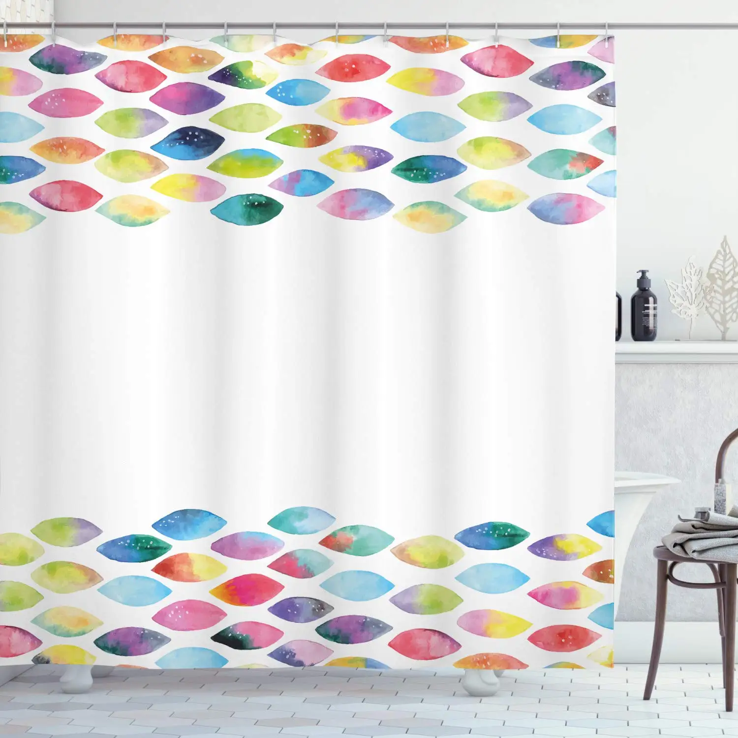 

Abstract Shower Curtain Watercolor Oval Leaf Shaped Soft Pastel Tones Classic Artwork Cloth Fabric Bathroom Decor Set with Hooks