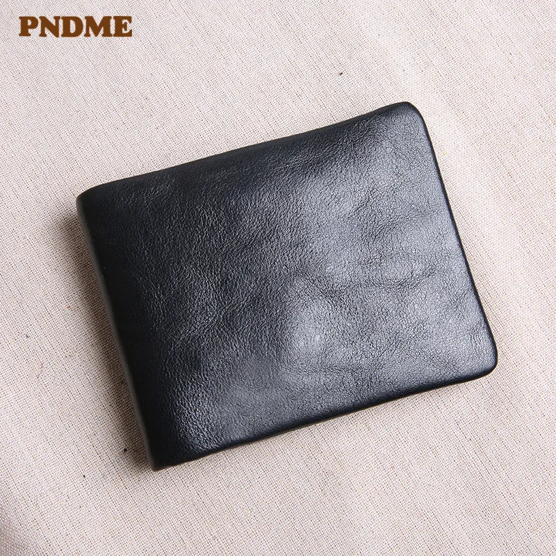 Simple casual genuine leather men's small wallet casual vintage soft real cowhide youth black thin multi-card holder coin purse