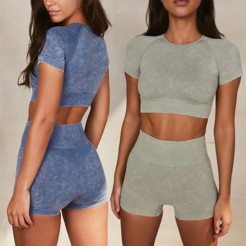 

Seamless Sand Wash Print Yoga Set Women Gym Set Shorts Sport Suit Workout Outfit Crop Top High Waist Shorts Gym Clothes