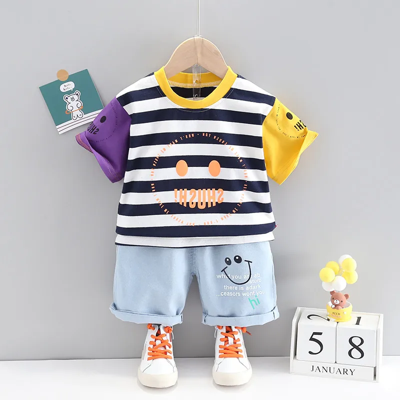

Children Cotton Clothes Summer Baby Boys Strips Modeling O-Neck T Shirts Denim Shorts 2Pcs/sets Infant Kids Toddler Tracksuits