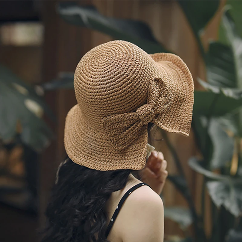Летние шляпы для женщин 100% рафия бант шляпа от солнца с широкими полями флоппи