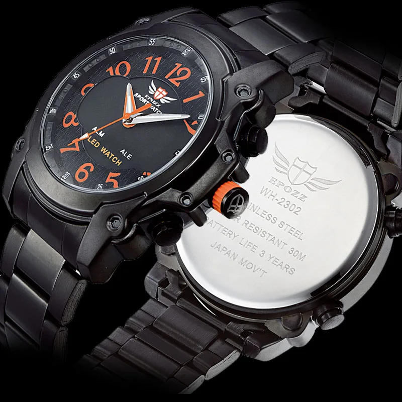 Мужские аналоговые и цифровые часы EPOZZ черные стальные с двойным дисплеем