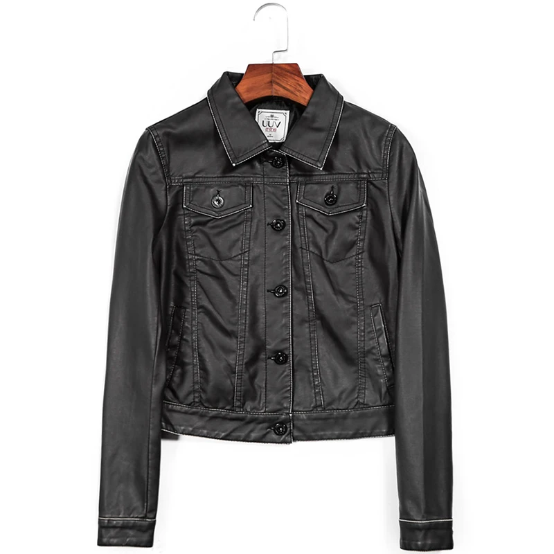 

Women Short PU Faux Leather Jackets Black Single Breasted Female Coats Slim Motorcyle Jacket L1111133