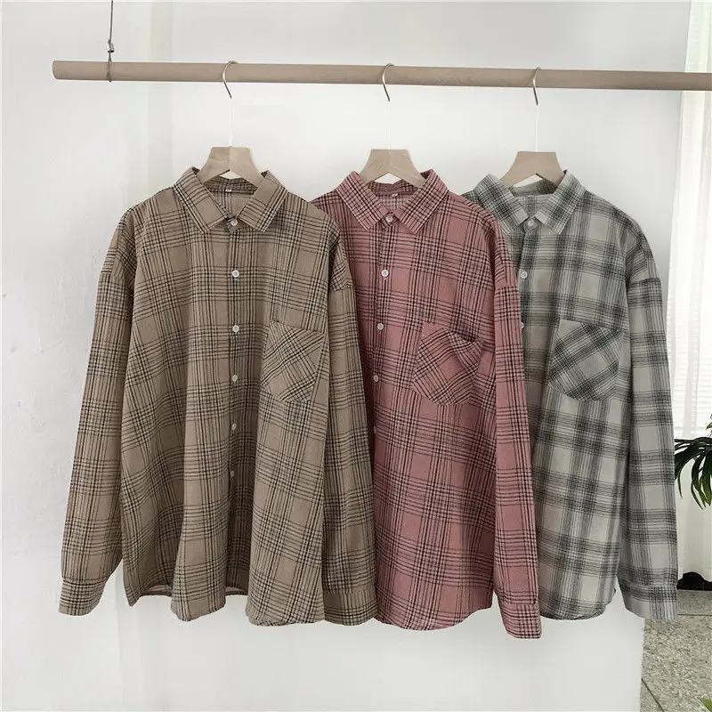 

Women Blouse Shirts Hot Sale Turn-down Collar Oversize Plaid Button Pocket Casual Loose Tops Korean Fashion Female Blusas