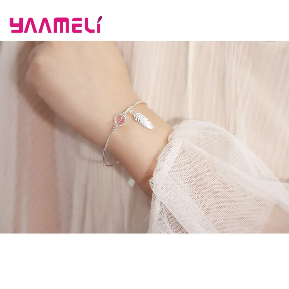 925 Sterling Silver Strawberry Quartz Crystal Feather Charm Bracelet Bangles Adjustable Cuff Braclets for Women Wedding Jewelry | Украшения