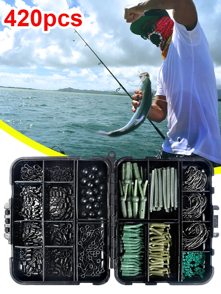 

420Pcs Carp Fishing Tackle Kit Freshwater Fishing Gear Set Portable Swivels Hooks Anti Tangle Sleeves Hook Beads Boilie Baits