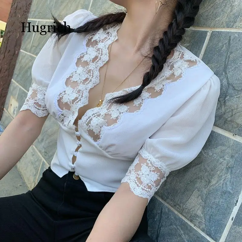 

New Sweet Lace French Chiffon Short Top Shirt for Women's Wear Europe and America Style Summer