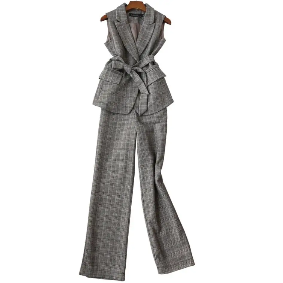 

Fashion suit New British style Slim-fit fashion plaid sleeveless vest + wide leg pants two sets suit women
