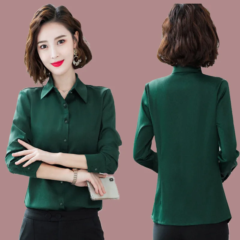 

5XL Spring Autumn Solid Green White Blouse Women Shirt White Tops Casual Turn Down Collar Long Sleeve Slim Work Shirts Blusas
