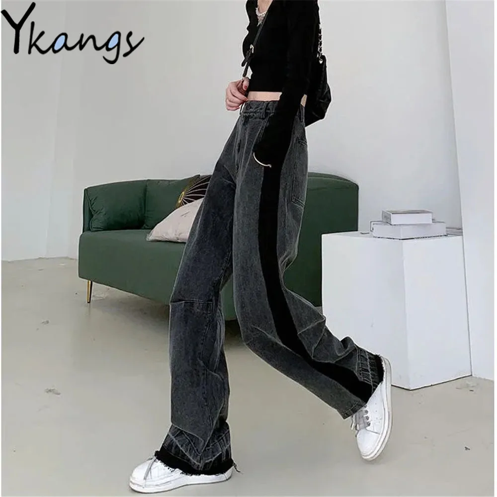 

Side Stripe Stitching Fringe Black High Waist Wide Leg Denim Pants Korean Harajuku Streetwear Trendy Women Jeans Baggy Trousers